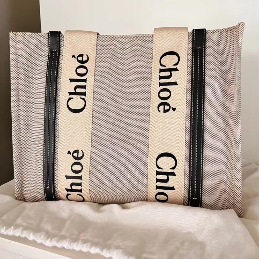 Chloe Woody Medium Leather-Trimmed Cotton-canvas Blue Tote